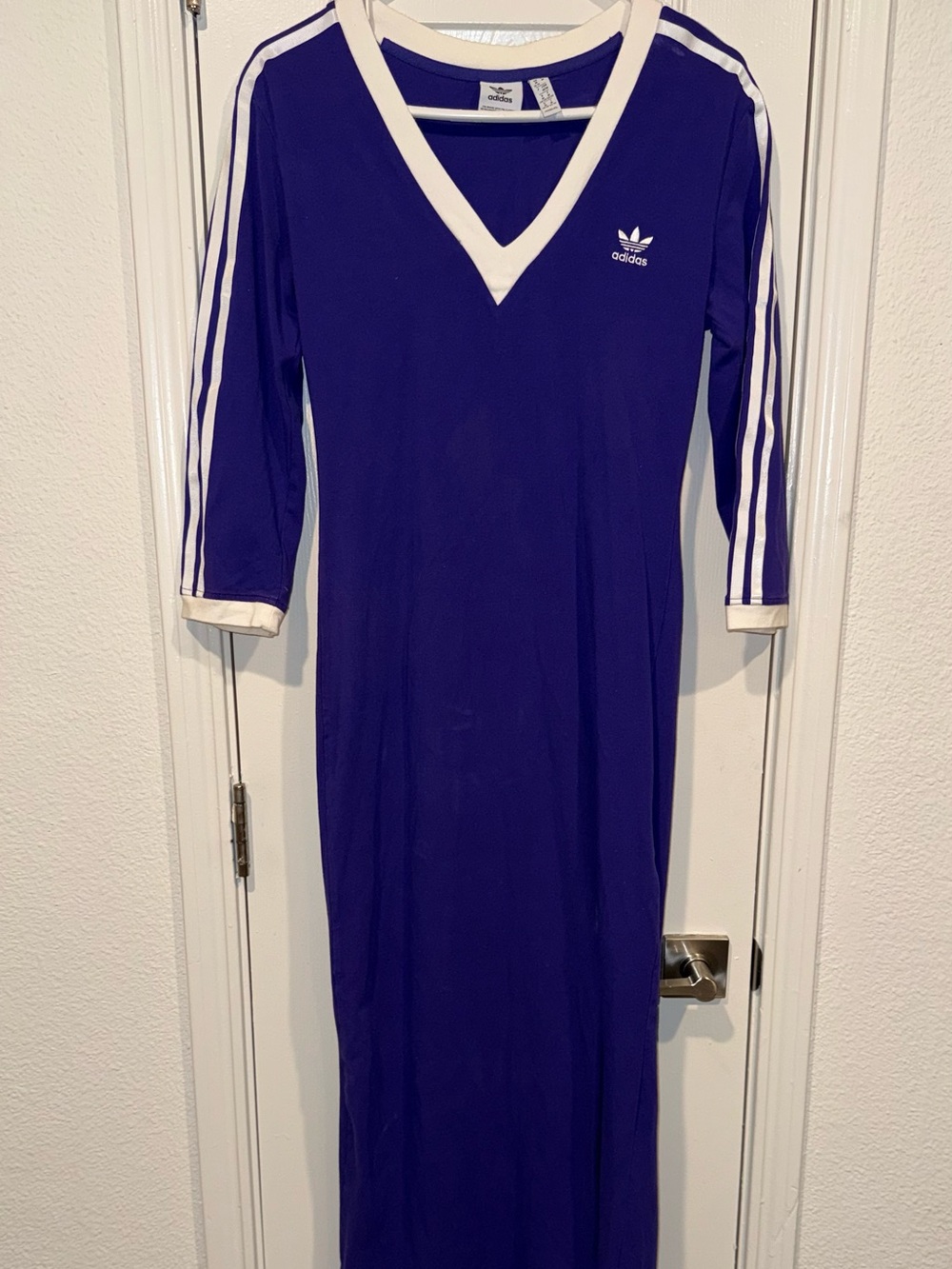 adidas Purple V-Neck Three-Stripe Maxi Dress with White Trim